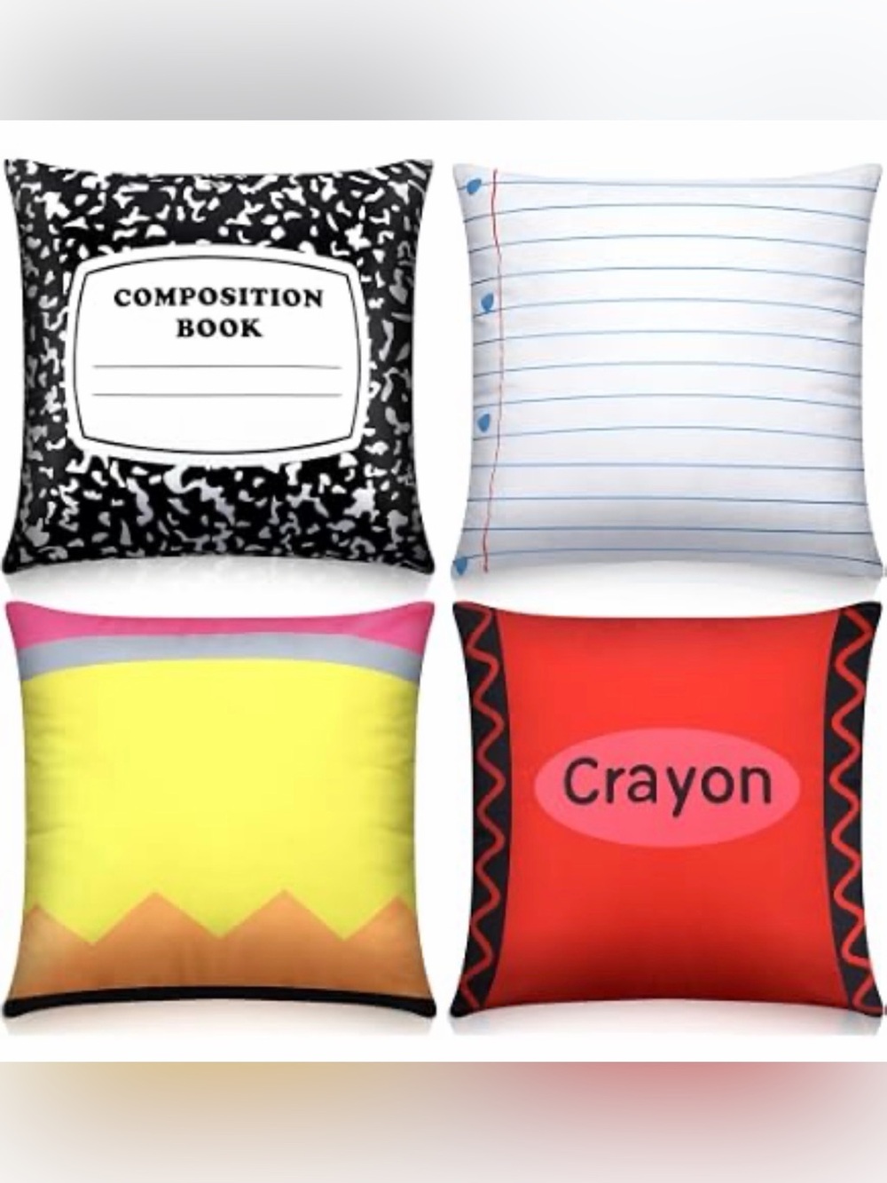 School-Themed Decorative Pillow Set - Red, Yellow, Black, White